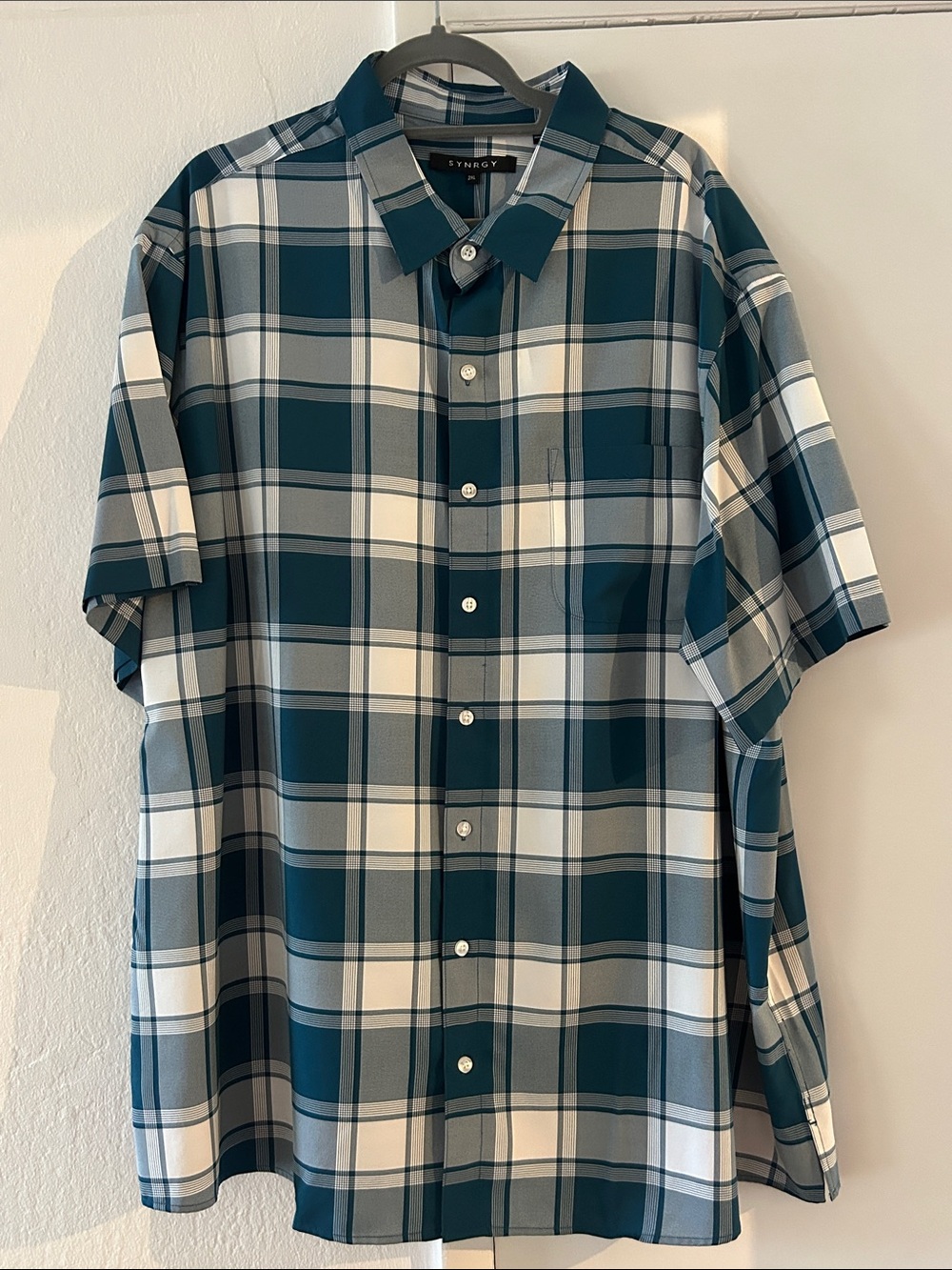 SYNGRY Big & Tall Teal Plaid Short-Sleeve Button-Up Shirt 3XL